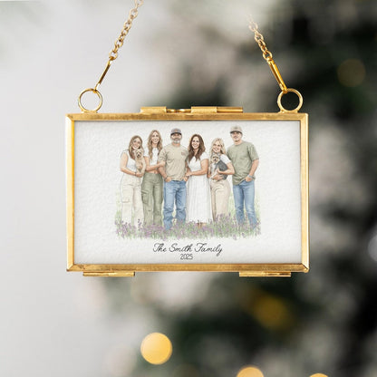 A Personalized Watercolor Picture Golden Frame Ornament, a beautiful gold frame ornament and perfect family gift for Christmas.