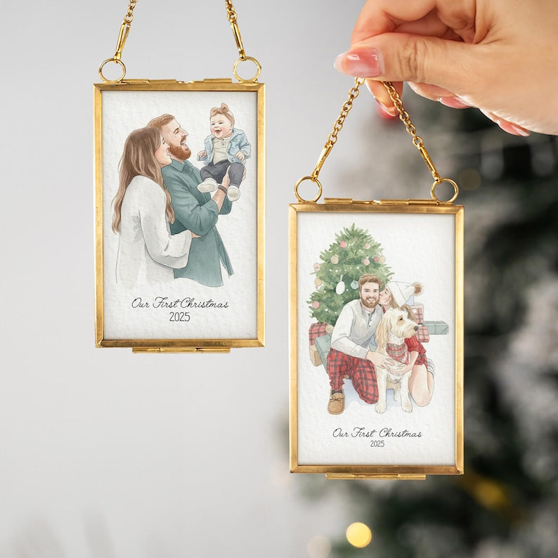This custom photo ornament is a Personalized Watercolor Picture Golden Frame Ornament, an ideal personalized family ornament for the holidays.
