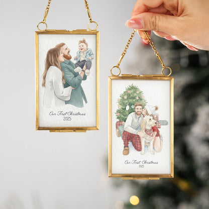This custom photo ornament is a Personalized Watercolor Picture Golden Frame Ornament, an ideal personalized family ornament for the holidays.