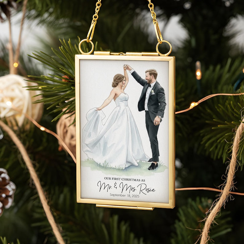 A Personalized Watercolor Portrait First Christmas Married Frame Ornament, a beautiful newlywed Christmas ornament and wedding ornament.