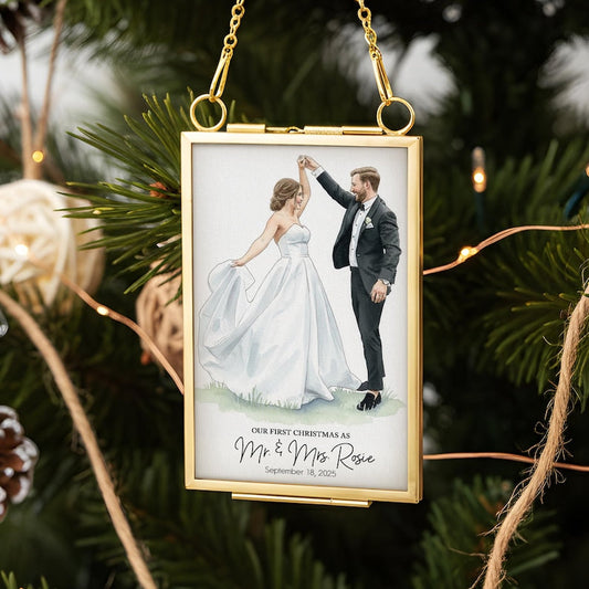 A Personalized Watercolor Portrait First Christmas Married Frame Ornament, a beautiful newlywed Christmas ornament and wedding ornament.