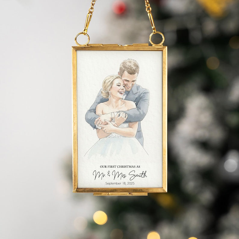 This custom photo ornament is a Personalized Watercolor Portrait First Christmas Married Frame Ornament, the perfect 'first Christmas married ornament'.