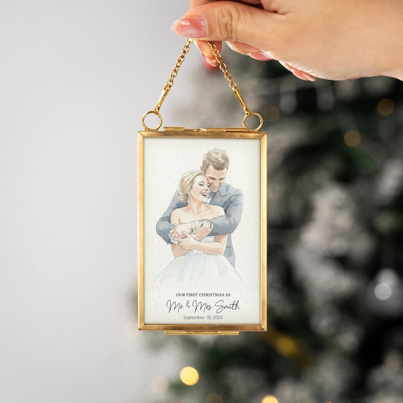 The ideal newlywed Christmas ornament, this Personalized Watercolor Portrait First Christmas Married Frame Ornament is a unique custom photo ornament.