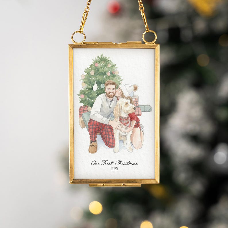 A Personalized Watercolor Portrait Frame Ornament, a beautiful watercolor Christmas ornament and perfect family gift for Christmas.