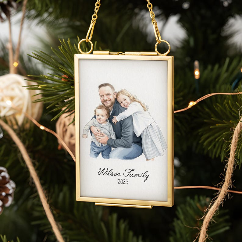 A close-up of a photo frame ornament, the Personalized Watercolor Portrait Frame Ornament features a unique family photo in ornament design.
