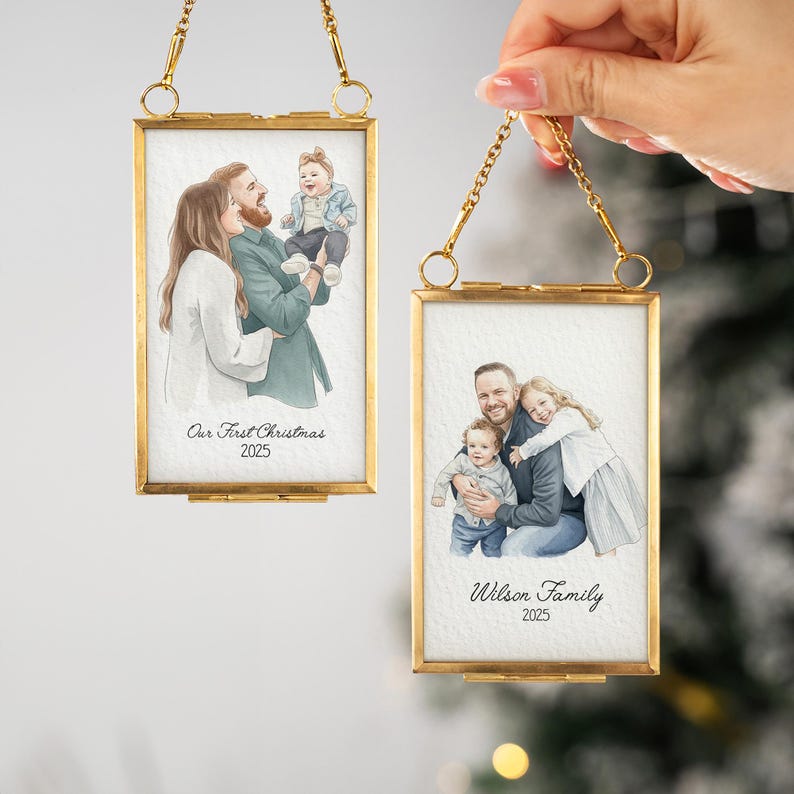 The ideal family gift for Christmas, this Personalized Watercolor Portrait Frame Ornament is a custom photo portrait ornament.