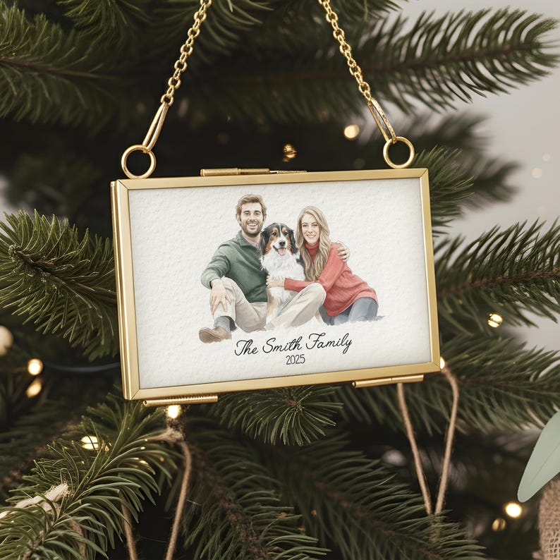 A beautiful 'photo in ornament' gift, the Personalized Watercolor Portrait Frame Ornament is a custom family gift for Christmas.