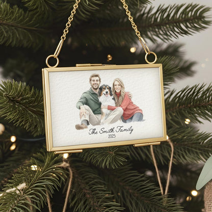 A beautiful 'photo in ornament' gift, the Personalized Watercolor Portrait Frame Ornament is a custom family gift for Christmas.