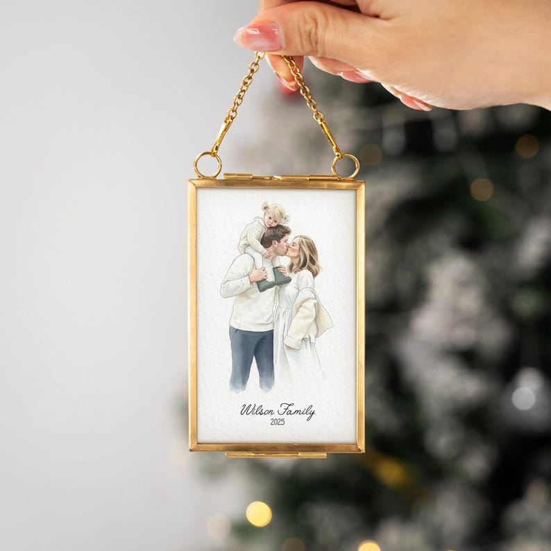 Personalized Watercolor Portrait Frame Ornament, a custom photo ornament and treasured personalized family ornament.