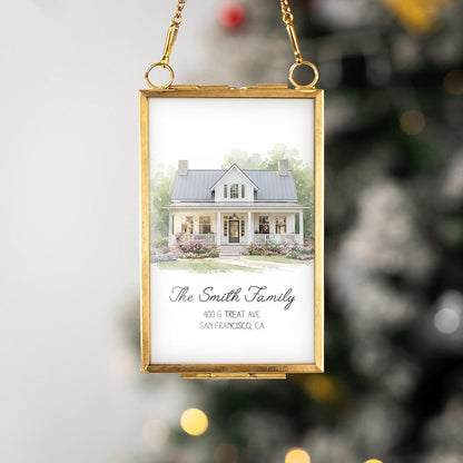 This custom photo ornament is a Personalized Watercolor Portrait New Home Frame Ornament, a unique watercolor Christmas ornament for a new house.