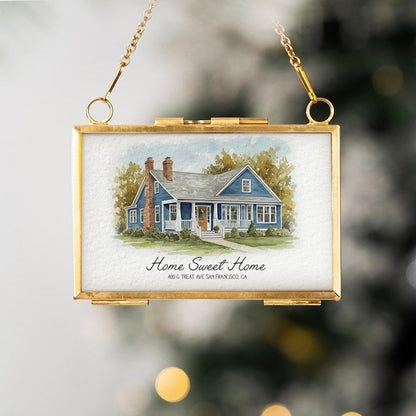 A close-up of a new home ornament, the Personalized Watercolor Portrait New Home Frame Ornament is a cherished house warming gift and photo in ornament.
