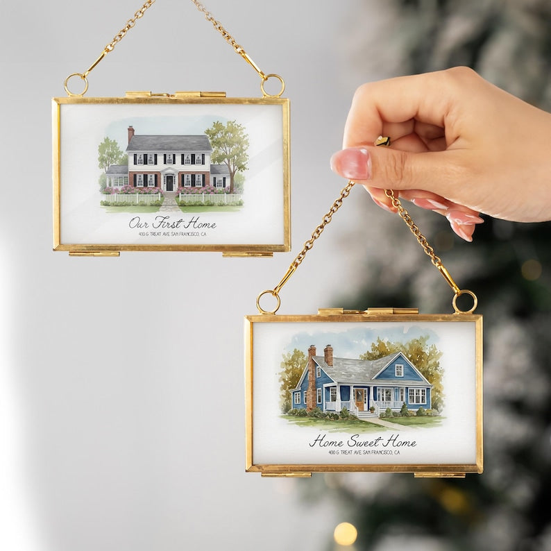 The ideal house warming gift, this Personalized Watercolor Portrait New Home Frame Ornament is a custom photo ornament for the new home.