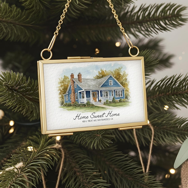 This custom photo ornament is a Personalized Watercolor Portrait New Home Frame Ornament, a beautiful watercolor Christmas ornament featuring a photo in ornament design.