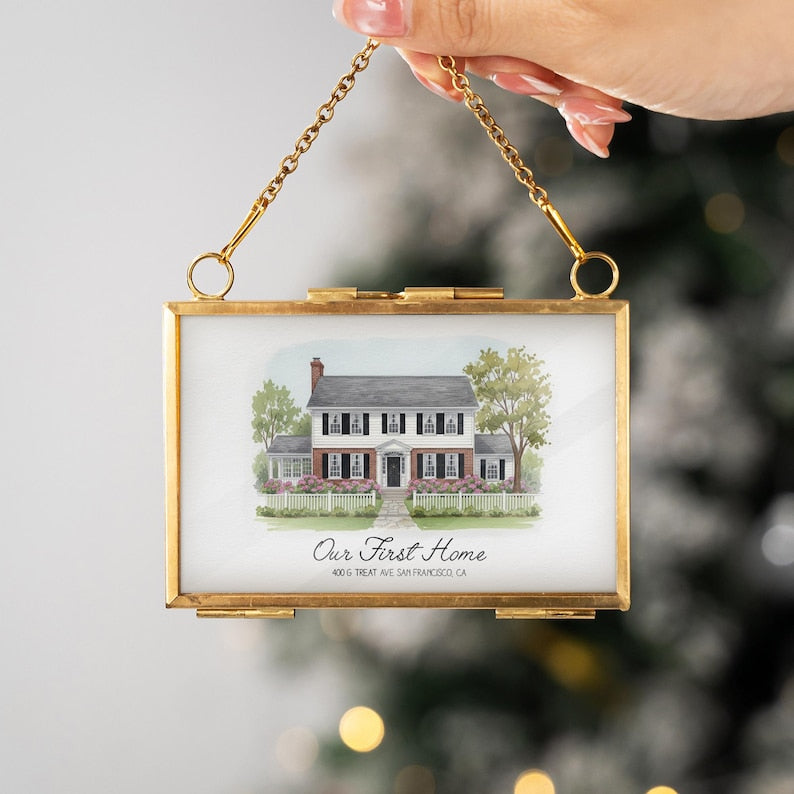 An elegant watercolor Christmas ornament, this Personalized Watercolor Portrait Frame Ornament beautifully commemorates a first Christmas in a new home.