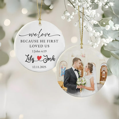 This watercolor Christmas ornament, a Personalized Watercolor Portrait Wedding Ceramic Ornament, is a perfect Christian wedding gift.