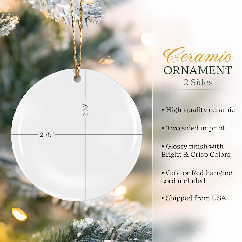 A close-up of a couple ornament, the Personalized Watercolor Portrait Wedding Ceramic Ornament is an ideal personalized Christmas ornament.