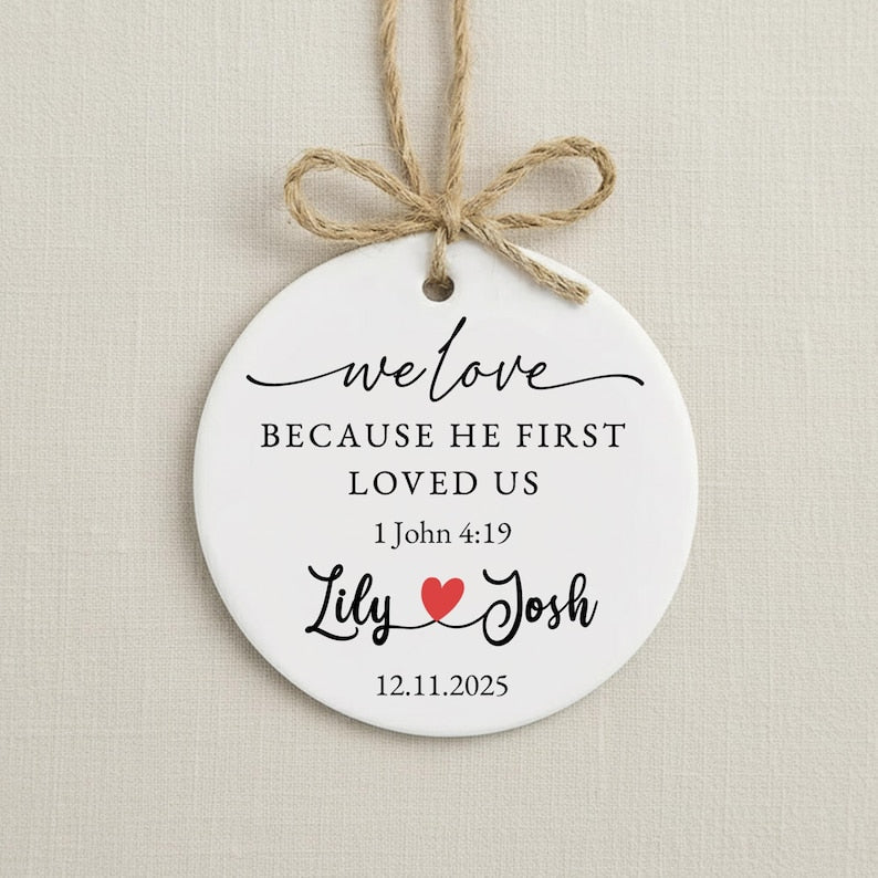 A custom hand painted Christmas ornament, the Personalized Watercolor Portrait Wedding Ceramic Ornament is a unique watercolor wedding ornament.