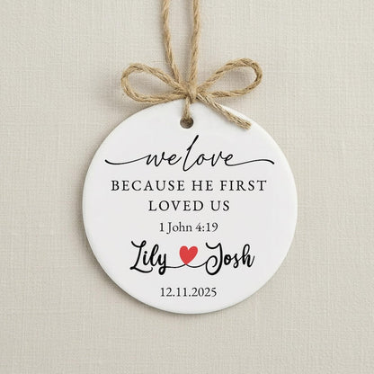 A custom hand painted Christmas ornament, the Personalized Watercolor Portrait Wedding Ceramic Ornament is a unique watercolor wedding ornament.