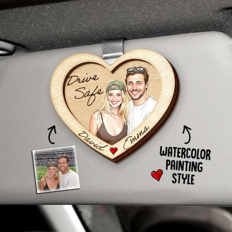 Personalized Watercolor Portrait Wooden Car Visor Clip