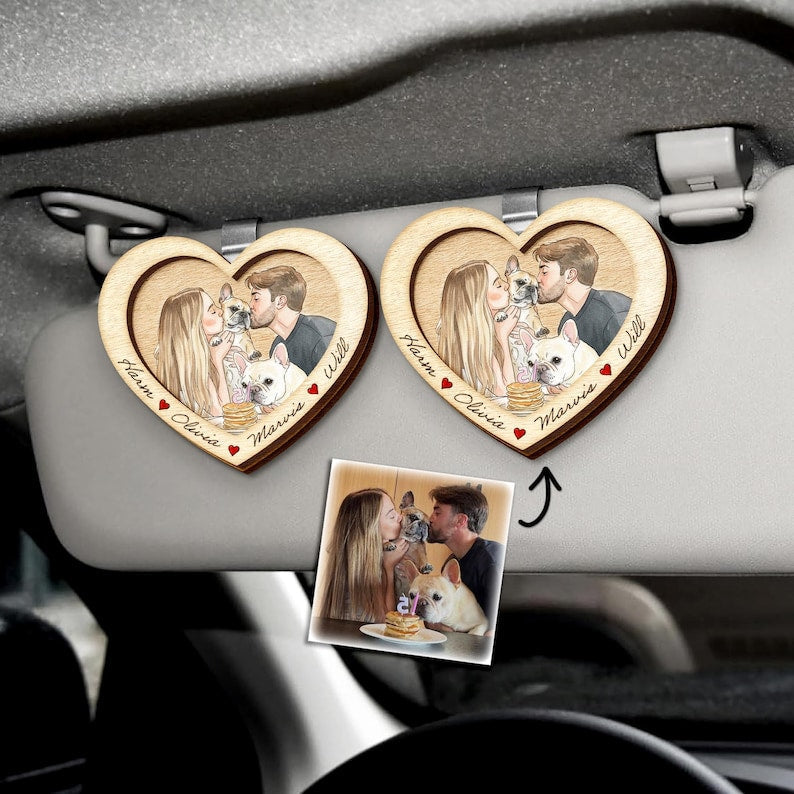 Personalized Watercolor Portrait Wooden Car Visor Clip