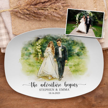 A Personalized Watercolor Wedding Photo Platter, a beautiful custom wedding platter and unique painted platter.