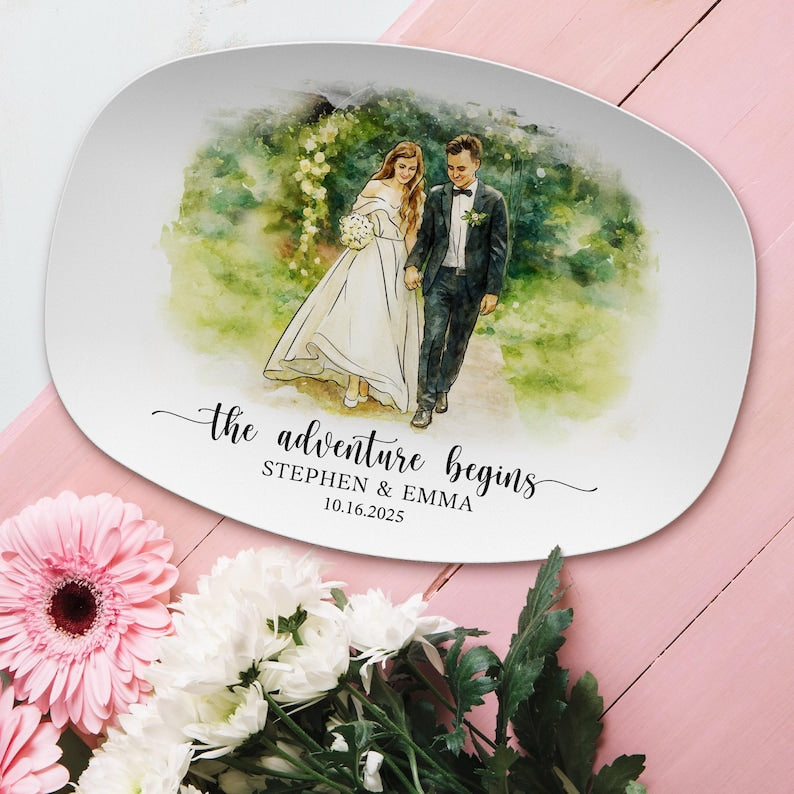 A close-up of a custom wedding platter, the Personalized Watercolor Wedding Photo Platter is an ideal personalized photo platter gift.