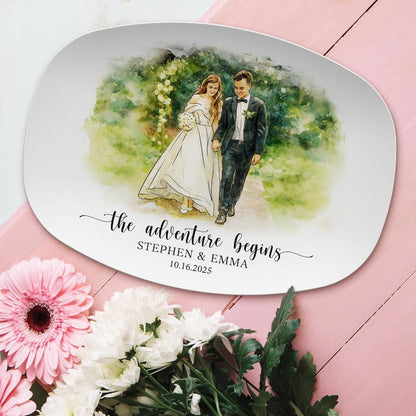 A close-up of a custom wedding platter, the Personalized Watercolor Wedding Photo Platter is an ideal personalized photo platter gift.