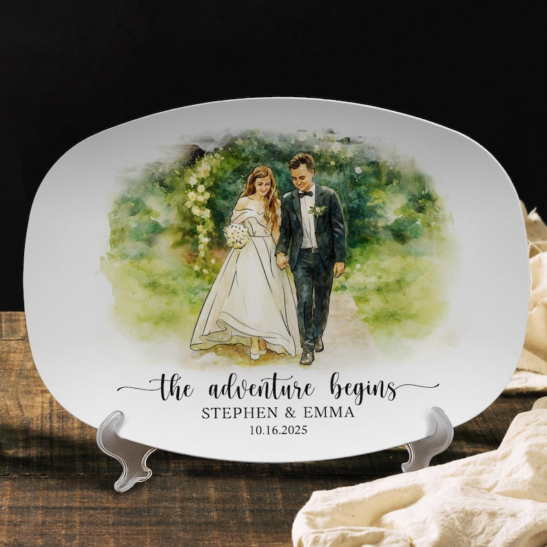 The perfect personalized photo platter, this Personalized Watercolor Wedding Photo Platter is a beautiful painted platter wedding keepsake.