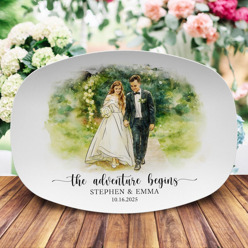 A unique custom wedding platter, the Personalized Watercolor Wedding Photo Platter is a lovely custom platter for newlyweds.