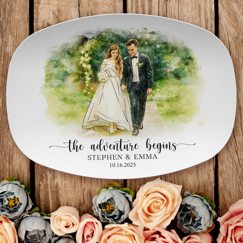 This painted platter, a Personalized Watercolor Wedding Photo Platter, is a custom photo platter featuring a watercolor wedding portrait.