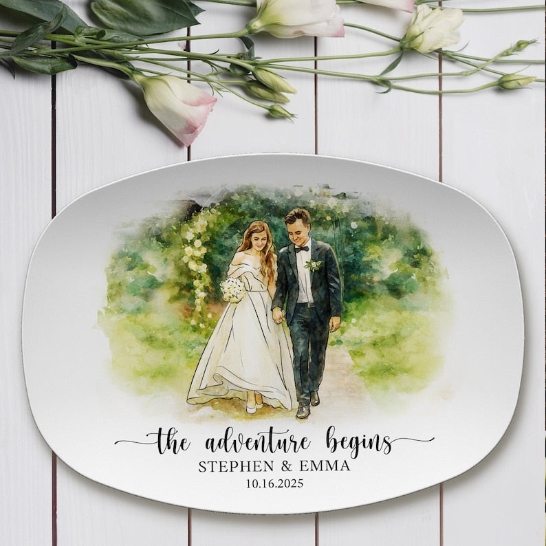 An elegant custom platter, the Personalized Watercolor Wedding Photo Platter serves as a beautiful personalized photo platter.