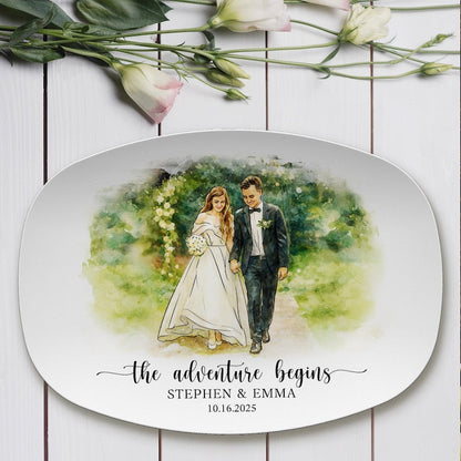 An elegant custom platter, the Personalized Watercolor Wedding Photo Platter serves as a beautiful personalized photo platter.