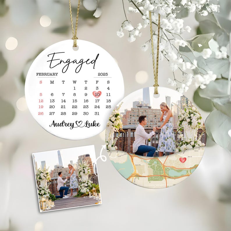 Personalized Wedding Engaged Calendar Ceramic Ornament, a unique engagement ornament and wedding ornament keepsake.