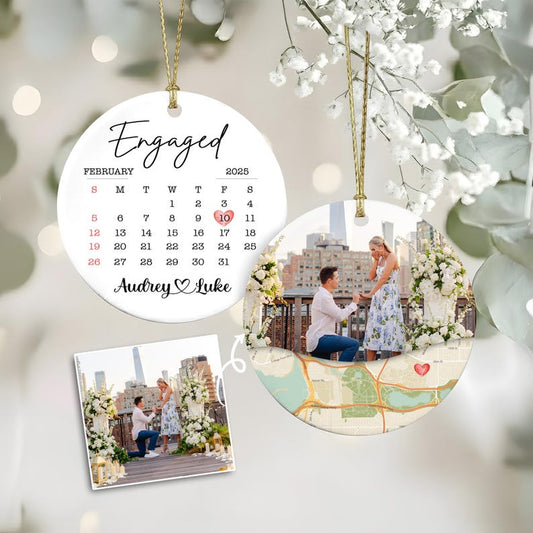 Personalized Wedding Engaged Calendar Ceramic Ornament, a unique engagement ornament and wedding ornament keepsake.