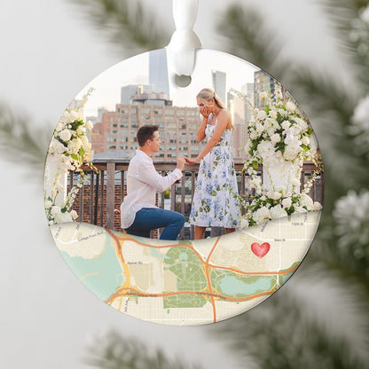 A close-up of a personalized engagement ornament, the Personalized Wedding Engaged Calendar Ceramic Ornament is an ideal couple ornament.