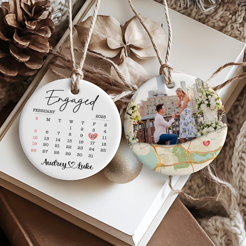 Custom first Christmas engaged ornament, the Personalized Wedding Engaged Calendar Ceramic Ornament is a thoughtful engagement ornament.