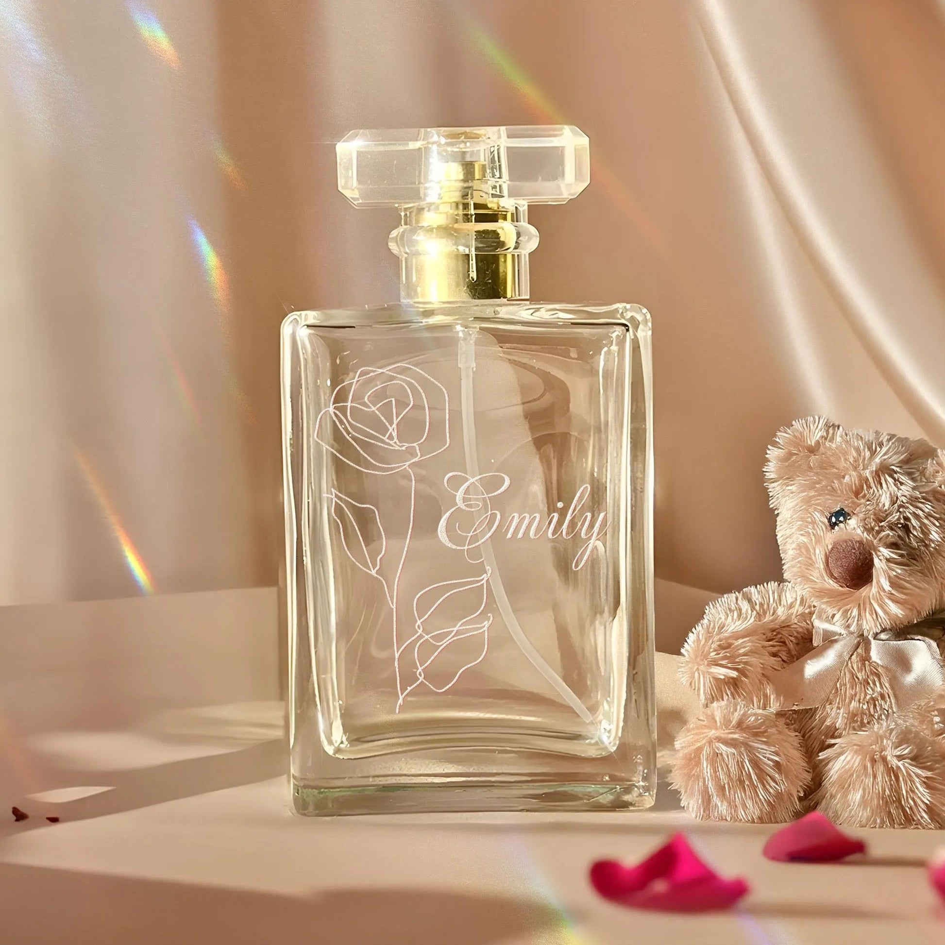 Personalized Wedding Flower Glass Perfume Bottle designed as elegant bridal perfume and engraved perfume bottle  