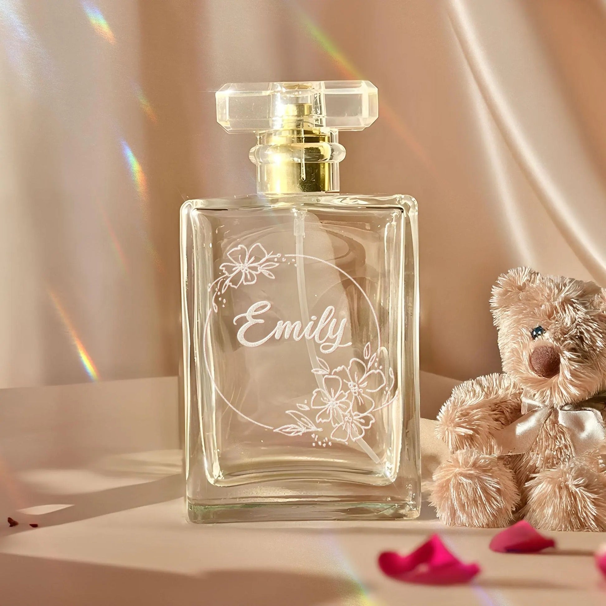 Personalized Wedding Flower Wreath Glass Perfume Bottle designed as elegant bridal perfume and engraved perfume bottle  