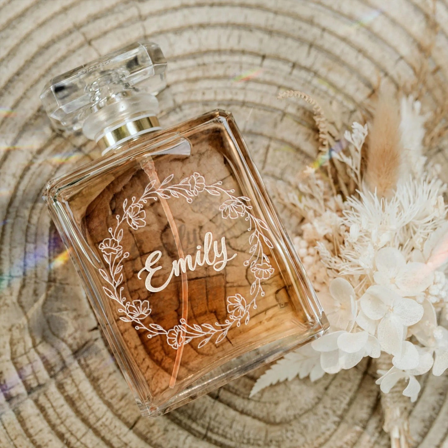 Elegant Personalized Wedding Flower Wreath Glass Perfume Bottle crafted as meaningful wedding gift for mom and bridal perfume  