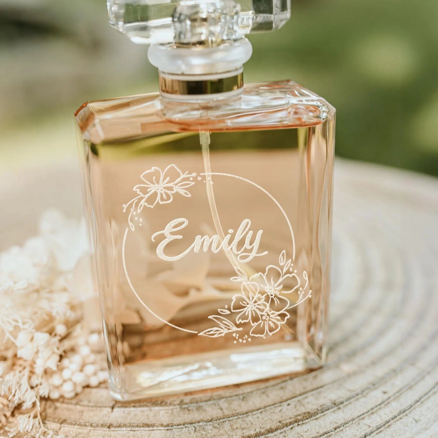 Timeless Personalized Wedding Flower Wreath Glass Perfume Bottle created as lasting engraved perfume bottle and wedding shower gifts  