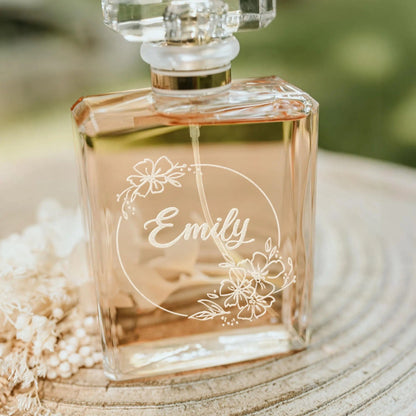 Timeless Personalized Wedding Flower Wreath Glass Perfume Bottle created as lasting engraved perfume bottle and wedding shower gifts  
