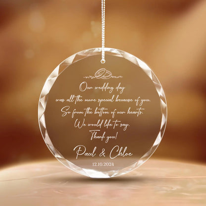 Wedding officiant gift idea featuring elegant glass ornament with custom engraving  