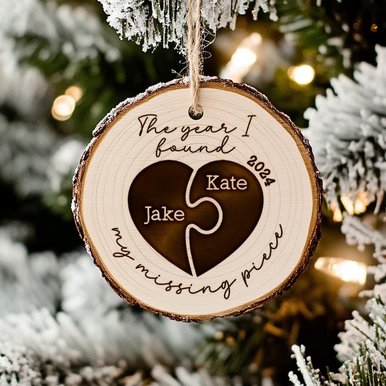 Stylish Personalized Wedding Wooden Ornament for Couple presented as a heartfelt anniversary gift for couple