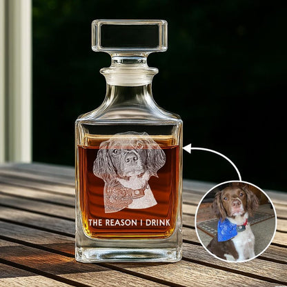 Personalized Whiskey Decanter with Dog Photo, a unique dog dad gift and personalized dog photo gift.
