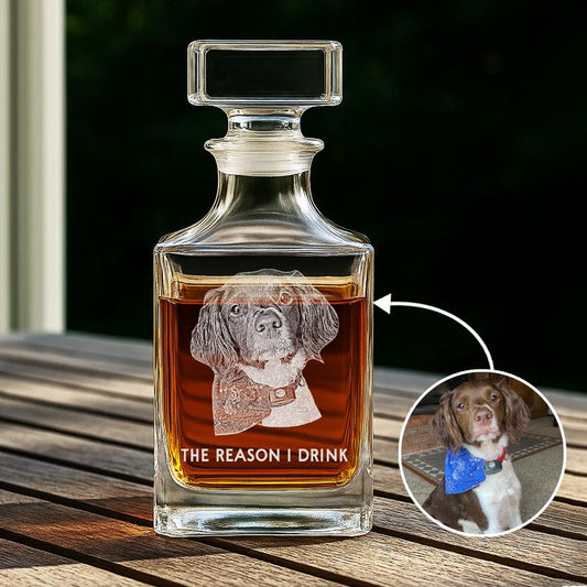 Personalized Whiskey Decanter with Dog Photo, a unique dog dad gift and personalized dog photo gift.