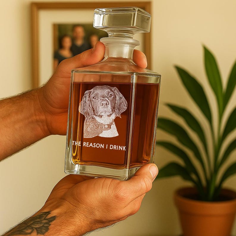 This personalized whiskey decanter, a Personalized Whiskey Decanter with Dog Photo, is a wonderful gift for dog owners.