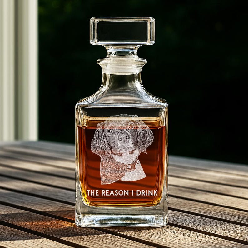 The ideal dog dad gifts, this Personalized Whiskey Decanter with Dog Photo is a custom personalized whiskey decanter.