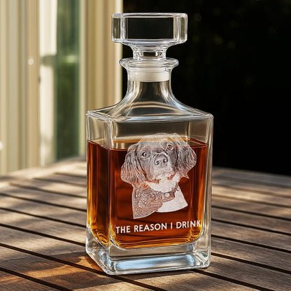 A custom personalized whiskey decanter, the Personalized Whiskey Decanter with Dog Photo is a unique gift for pet owners and dog dads.