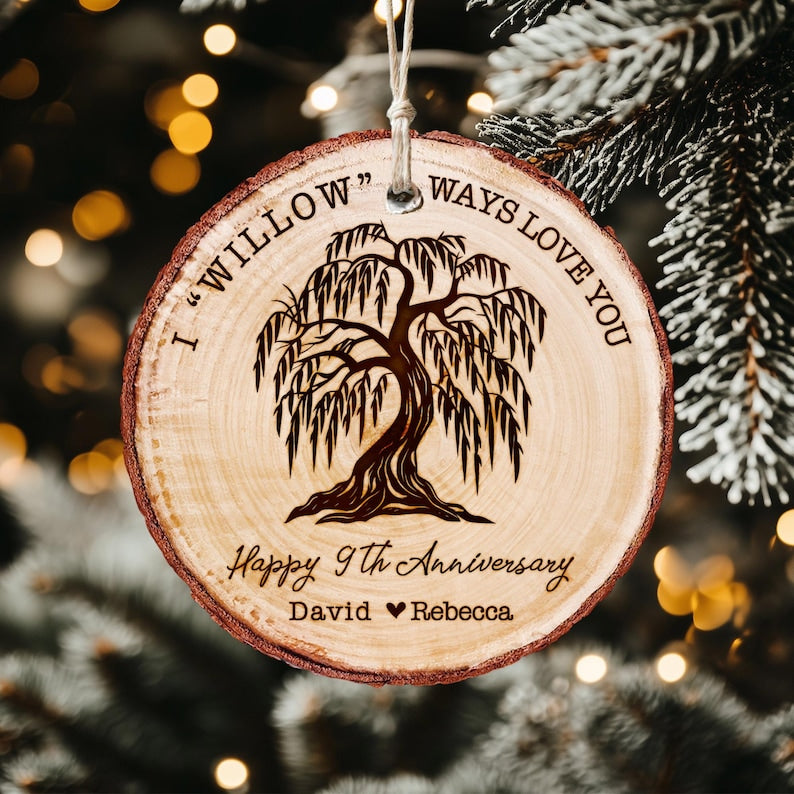 A Personalized Willow Tree Anniversary Wooden Ornament, the perfect custom couple ornament to celebrate a special milestone.