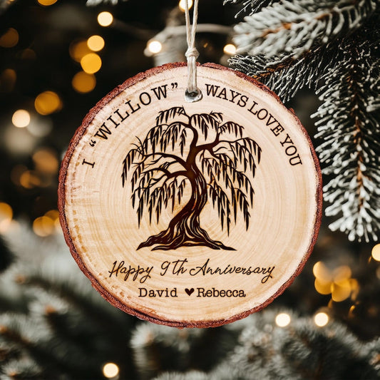A Personalized Willow Tree Anniversary Wooden Ornament, the perfect custom couple ornament to celebrate a special milestone.